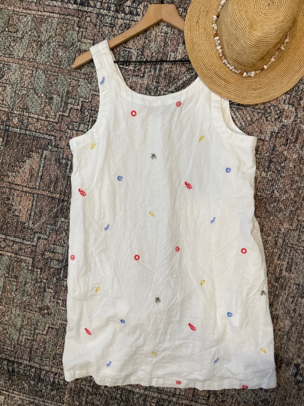 C&C California Cream Linen Midi Dress with Red, Blue & Yellow Embroidery